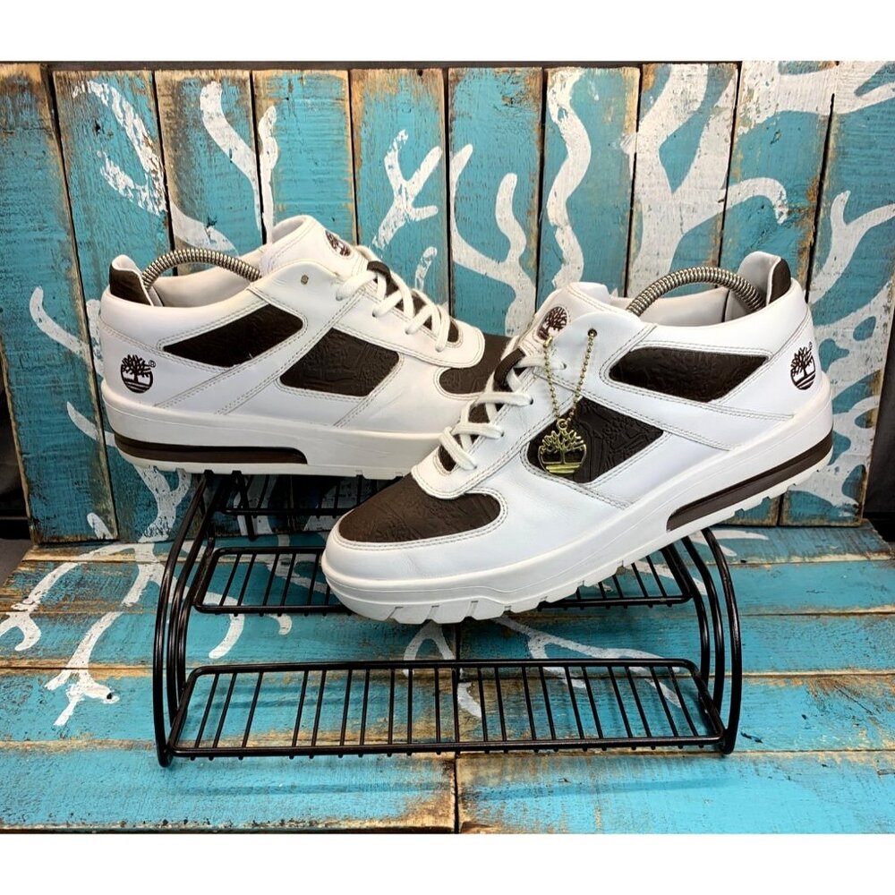 Rare Timberland White/Brown Lace Up Embossed Leather Mens 10.5M Casual Sneakers - Picture 1 of 9